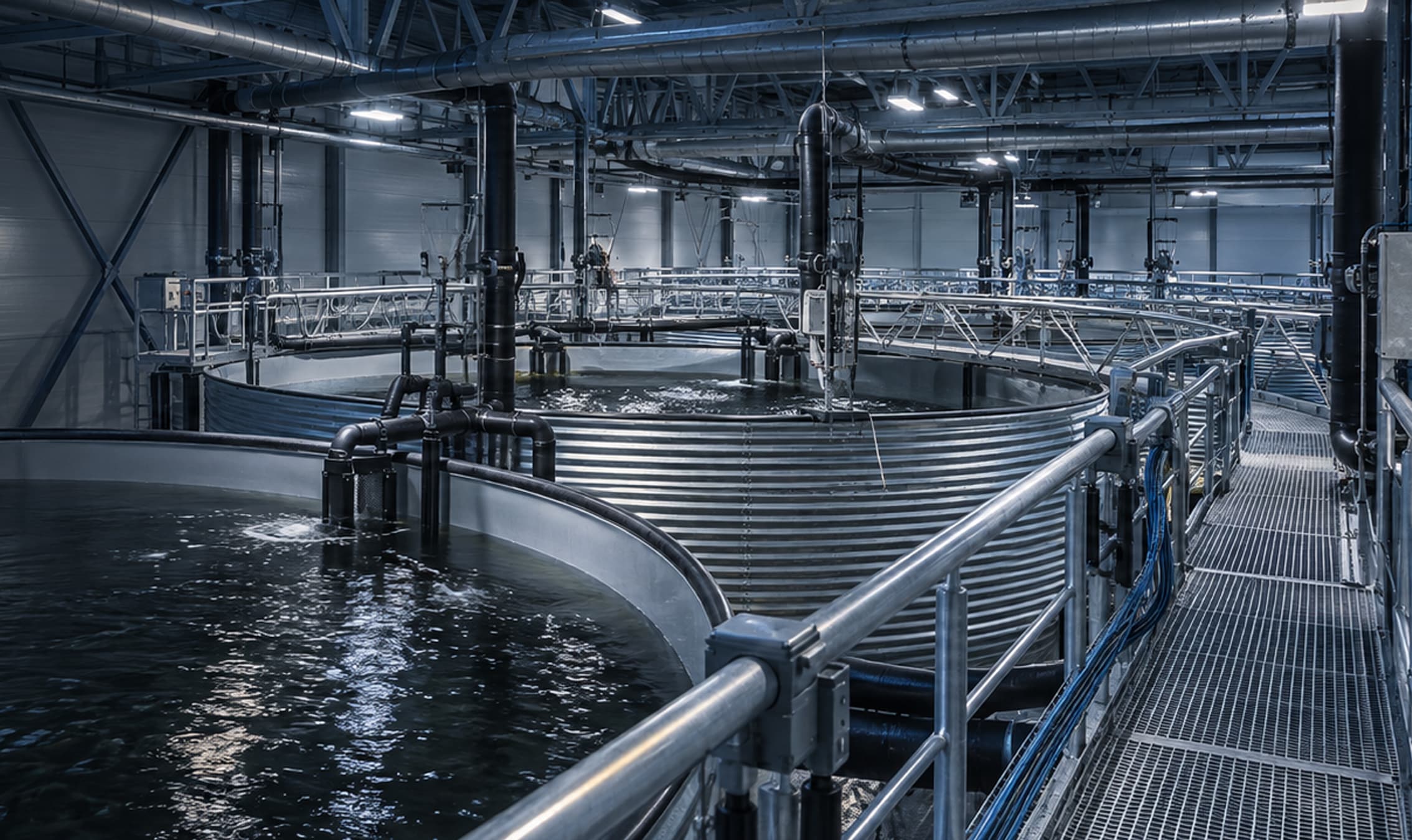 Control cabinet installed in a land-based aquaculture facility, designed to withstand high humidity and demanding environmental conditions.