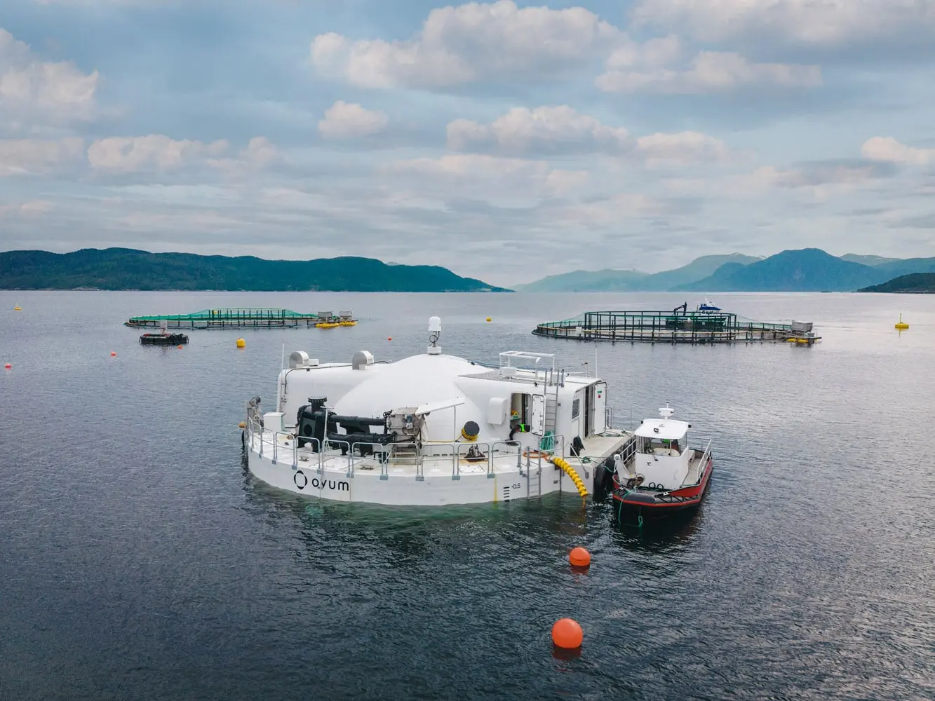 Closed fishcage in a Norwegian fjord, delivered by Norwegian company Ovum