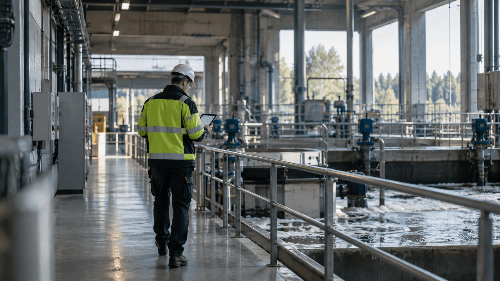 A worker going to a maintenence list on his i pad while waking around in a water facility