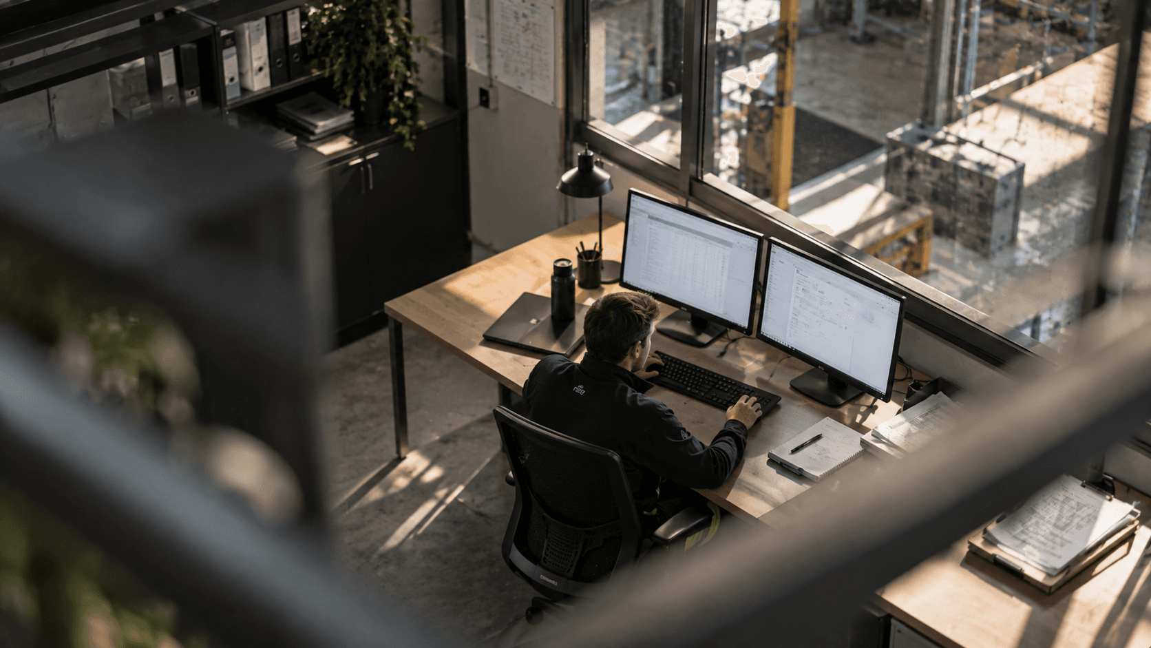 A man sitting at his desk at at facility office, with two screens doing reports